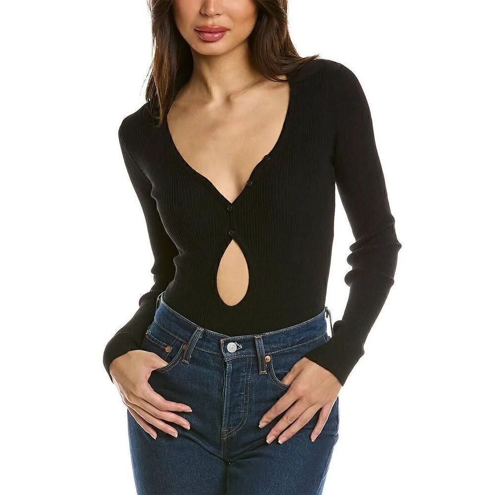 Bardot Rosario Long Sleeve Front Cutout Knitted Black Bodysuit XS NWT